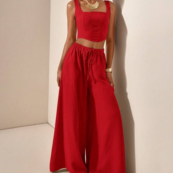 Red womens crop top & flowy wide legged pants textured fabric coord set - Picture 2 of 8